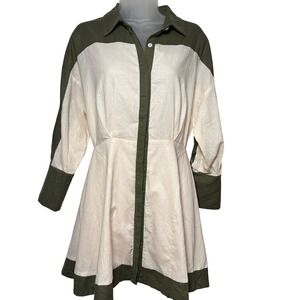 Petal + Pup Linen Blend Button Front Shirt Dress Olive Cream Size S